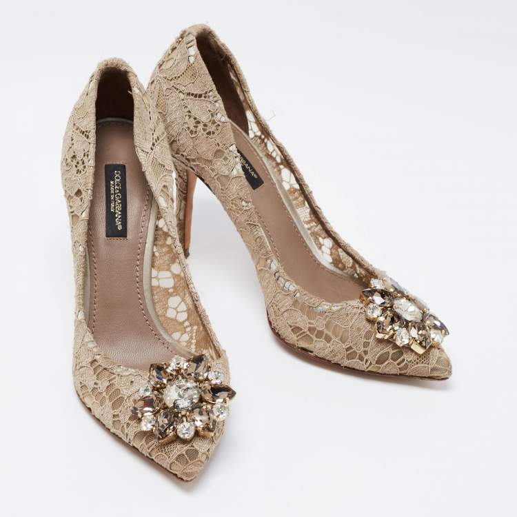 Pre Owned Dolce & Gabbana Taupe Lace Crystal Embellished Bellucci Pumps Size 35.5