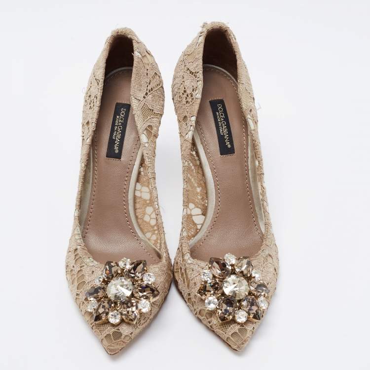 Pre Owned Dolce & Gabbana Taupe Lace Crystal Embellished Bellucci Pumps Size 35.5