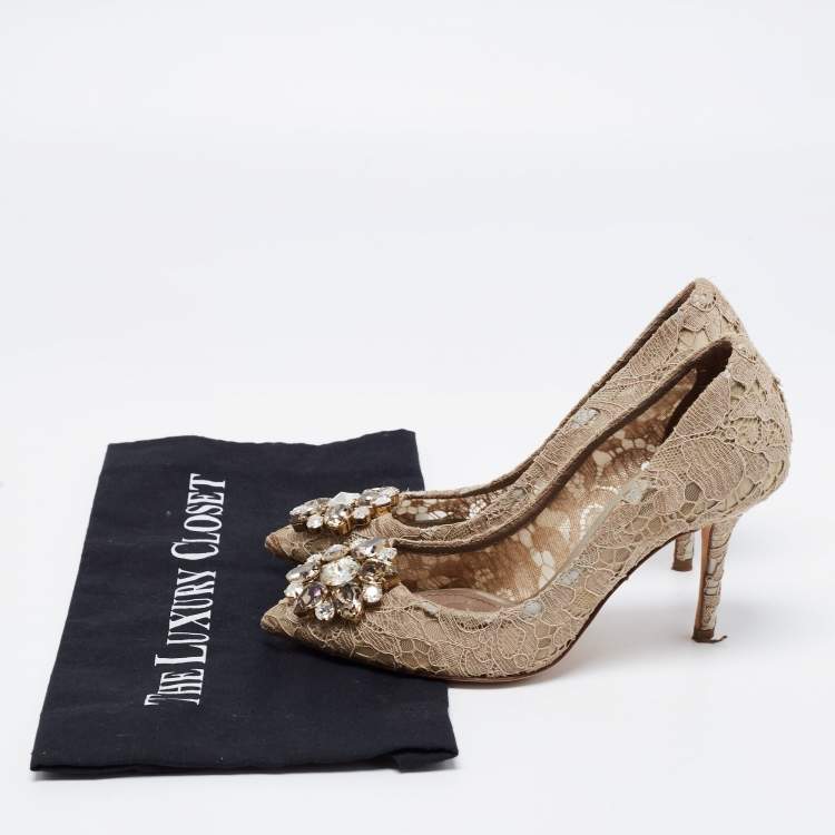 Pre Owned Dolce & Gabbana Taupe Lace Crystal Embellished Bellucci Pumps Size 35.5