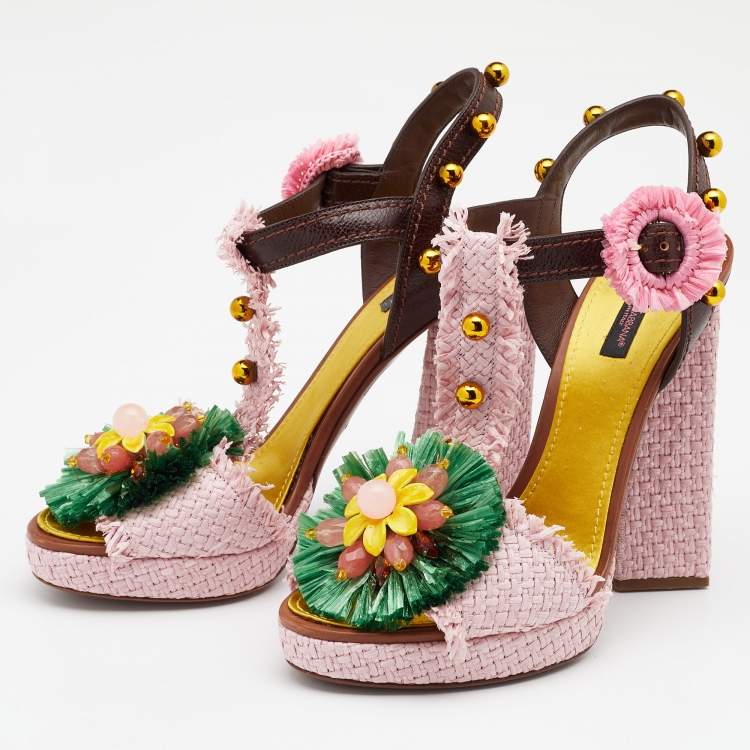 مملوكة مسبقًا Dolce & Gabbana Multicolor Straw And Leather Embellished Ankle Strap Sandals Size 40