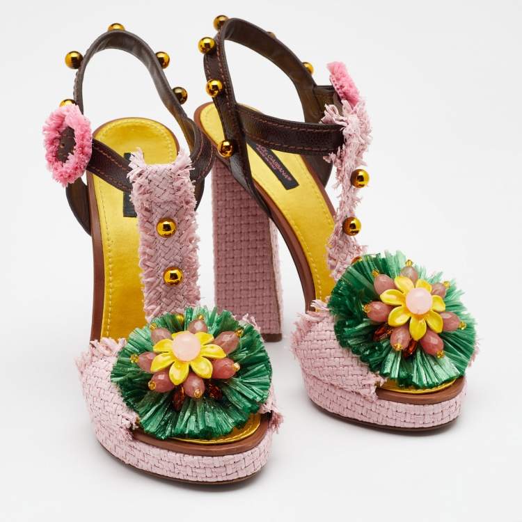 مملوكة مسبقًا Dolce & Gabbana Multicolor Straw And Leather Embellished Ankle Strap Sandals Size 40
