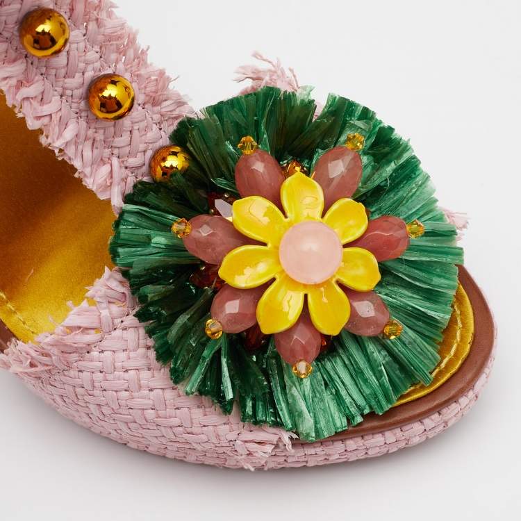 مملوكة مسبقًا Dolce & Gabbana Multicolor Straw And Leather Embellished Ankle Strap Sandals Size 40