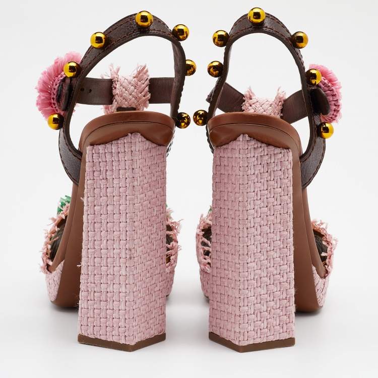 مملوكة مسبقًا Dolce & Gabbana Multicolor Straw And Leather Embellished Ankle Strap Sandals Size 40