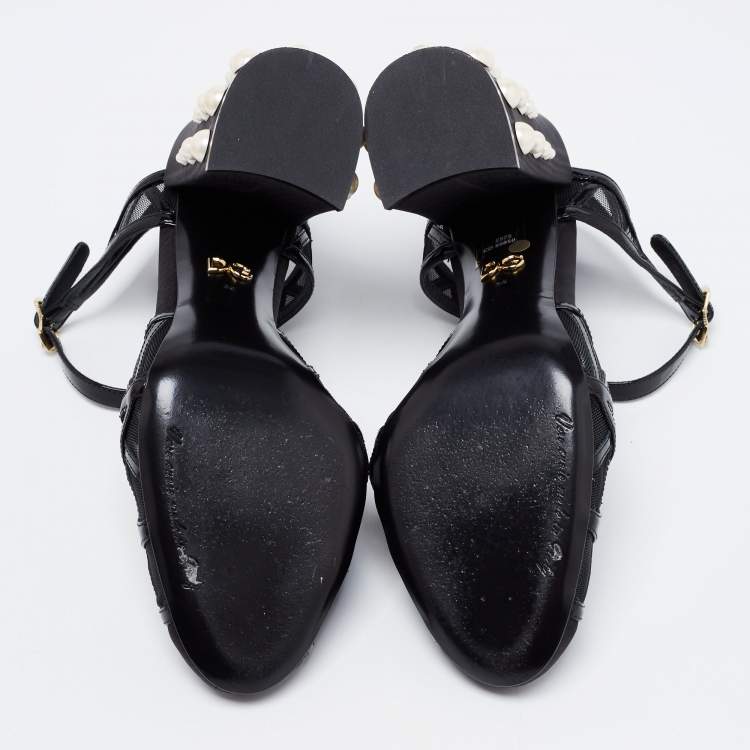 Pre Owned Dolce & Gabbana Black Patent Leather Pearl Embellished Heel Ankle Strap Sandals Size 38