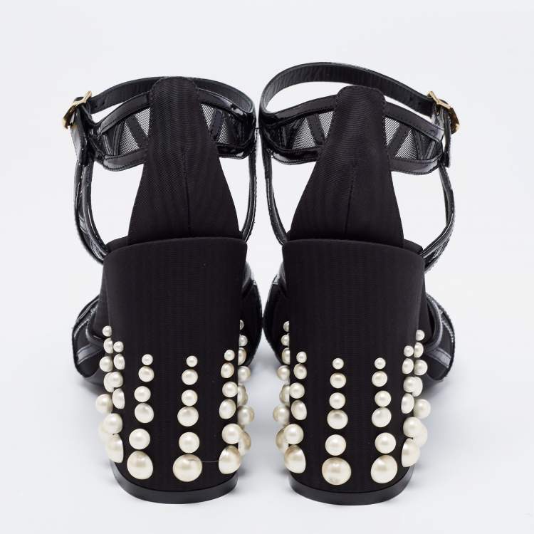 Pre Owned Dolce & Gabbana Black Patent Leather Pearl Embellished Heel Ankle Strap Sandals Size 38