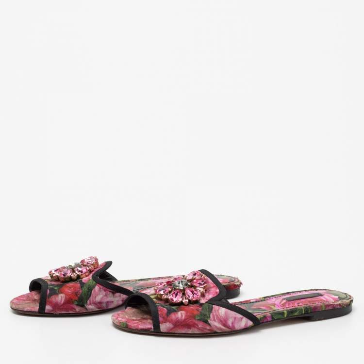 Pre Owned Dolce & Gabbana Pink Printed Canvas Crystal Embellished Bianca Flat Slides Size 38.5