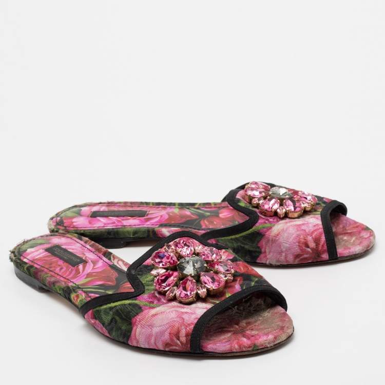 Pre Owned Dolce & Gabbana Pink Printed Canvas Crystal Embellished Bianca Flat Slides Size 38.5