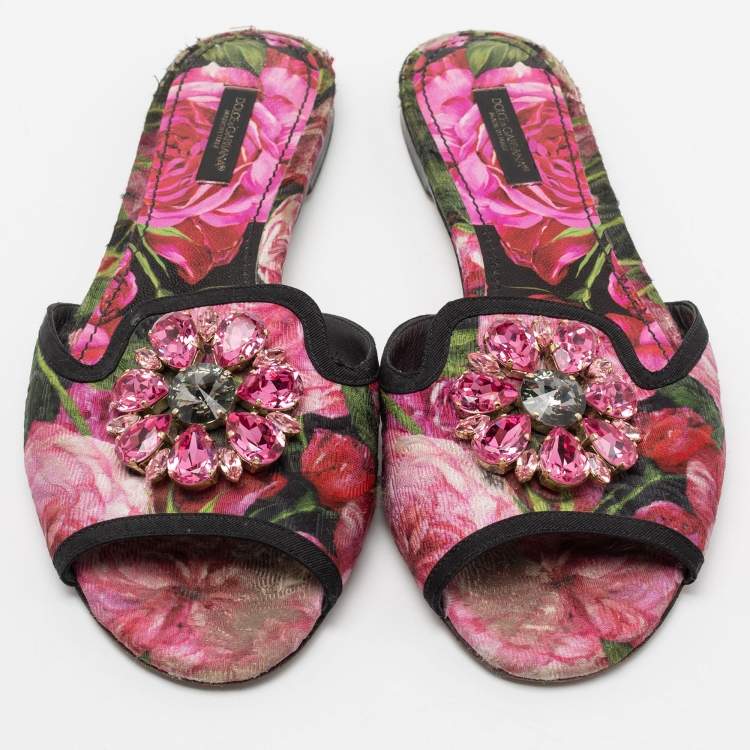 Pre Owned Dolce & Gabbana Pink Printed Canvas Crystal Embellished Bianca Flat Slides Size 38.5