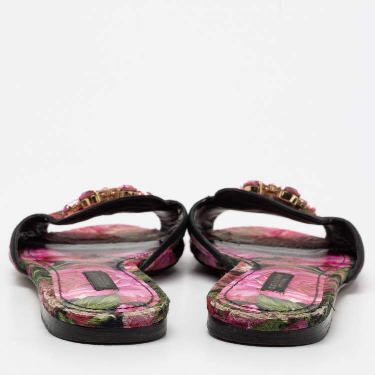 Pre Owned Dolce & Gabbana Pink Printed Canvas Crystal Embellished Bianca Flat Slides Size 38.5