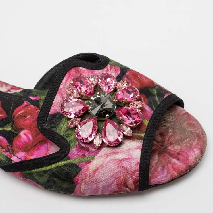 Pre Owned Dolce & Gabbana Pink Printed Canvas Crystal Embellished Bianca Flat Slides Size 38.5