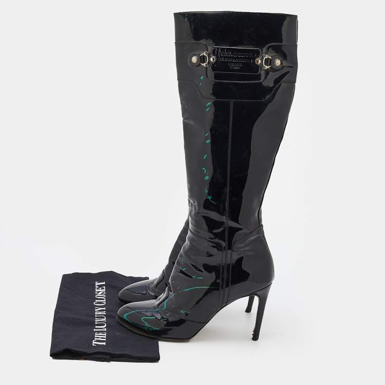 Pre Owned Dolce & Gabbana Black Patent Leather Knee Length Boots Size 38.5