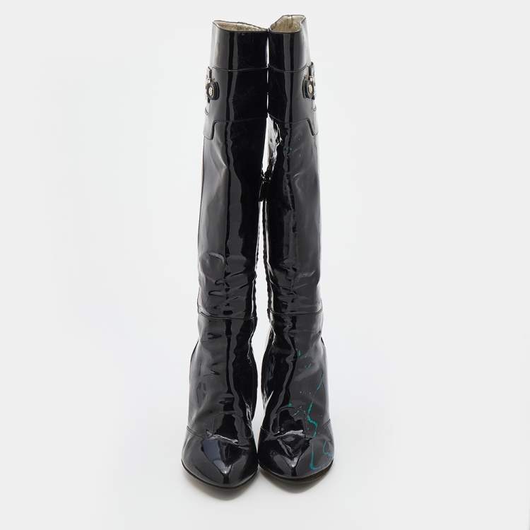 Pre Owned Dolce & Gabbana Black Patent Leather Knee Length Boots Size 38.5