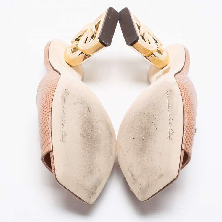 Pre Owned Dolce & Gabbana Beige Lizard Embossed Leather DG Heel Slide Sandals Size 36