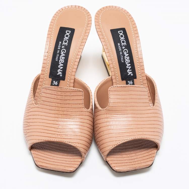 Pre Owned Dolce & Gabbana Beige Lizard Embossed Leather DG Heel Slide Sandals Size 36