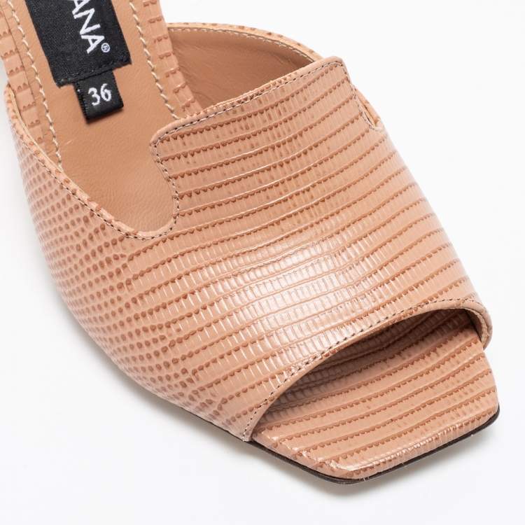 Pre Owned Dolce & Gabbana Beige Lizard Embossed Leather DG Heel Slide Sandals Size 36