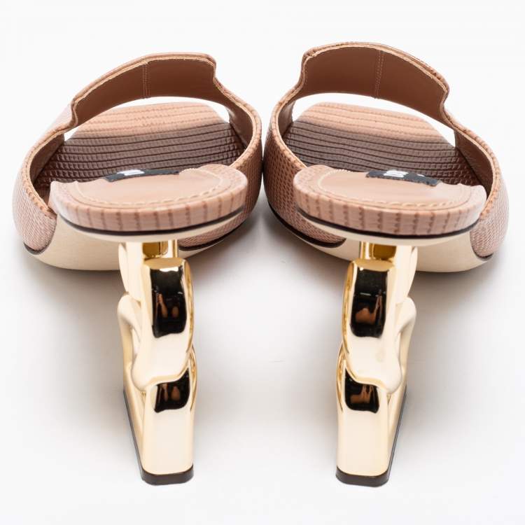 Pre Owned Dolce & Gabbana Beige Lizard Embossed Leather DG Heel Slide Sandals Size 36