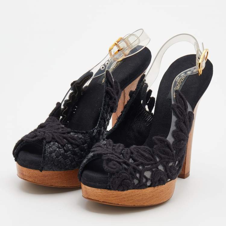 Pre Owned Dolce & Gabbana Black Raffia And PVC Peep-Toe Platform Slingback Sandals Size 36.5