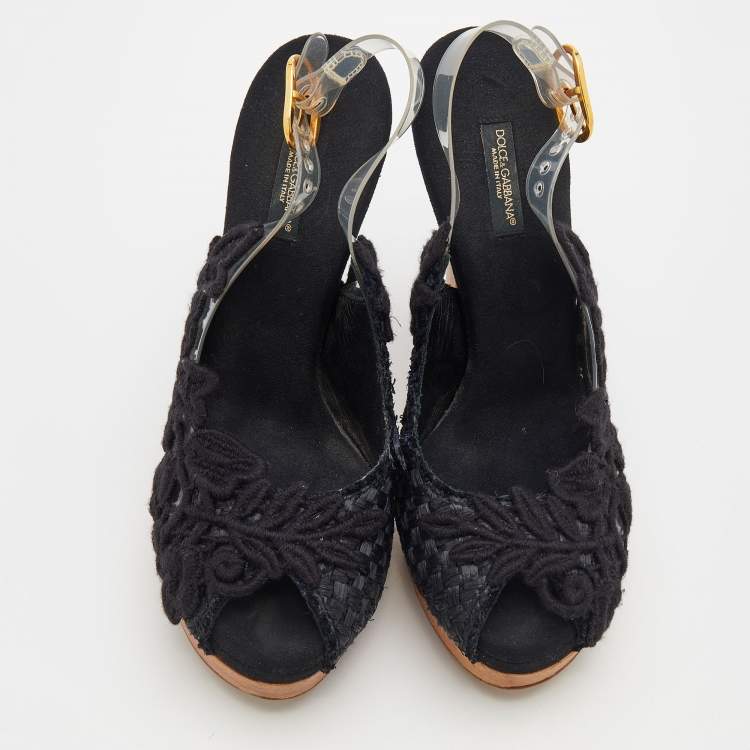 Pre Owned Dolce & Gabbana Black Raffia And PVC Peep-Toe Platform Slingback Sandals Size 36.5
