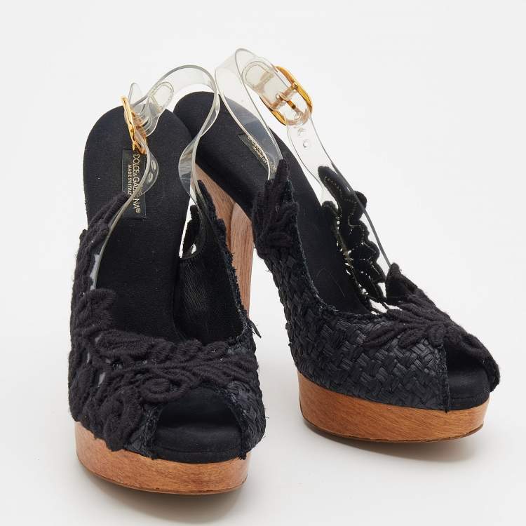 Pre Owned Dolce & Gabbana Black Raffia And PVC Peep-Toe Platform Slingback Sandals Size 36.5