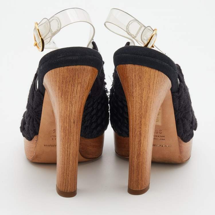 Pre Owned Dolce & Gabbana Black Raffia And PVC Peep-Toe Platform Slingback Sandals Size 36.5