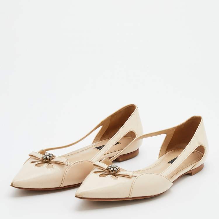 Pre Owned Dolce & Gabbana Cream Leather Cut Out Pointed Toe Ballet Flats Size 38