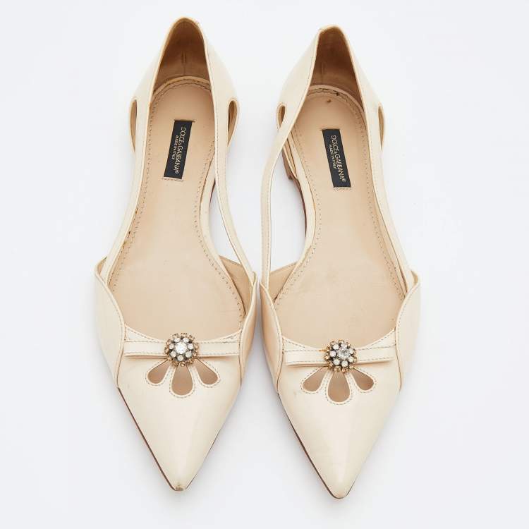 Pre Owned Dolce & Gabbana Cream Leather Cut Out Pointed Toe Ballet Flats Size 38