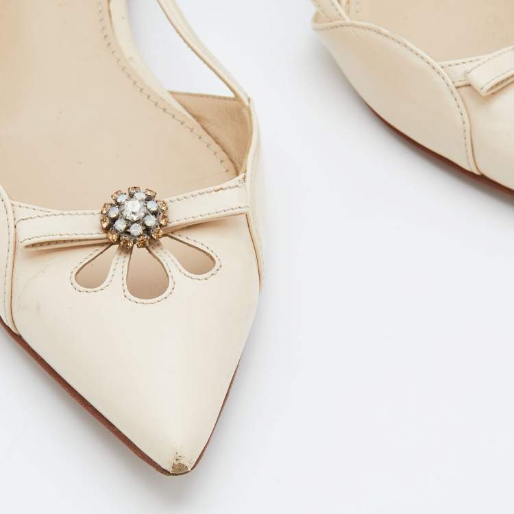 Pre Owned Dolce & Gabbana Cream Leather Cut Out Pointed Toe Ballet Flats Size 38
