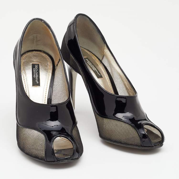 Pre Owned Dolce & Gabbana Black Patent Leather And Mesh Peep Toe Pumps Size 37