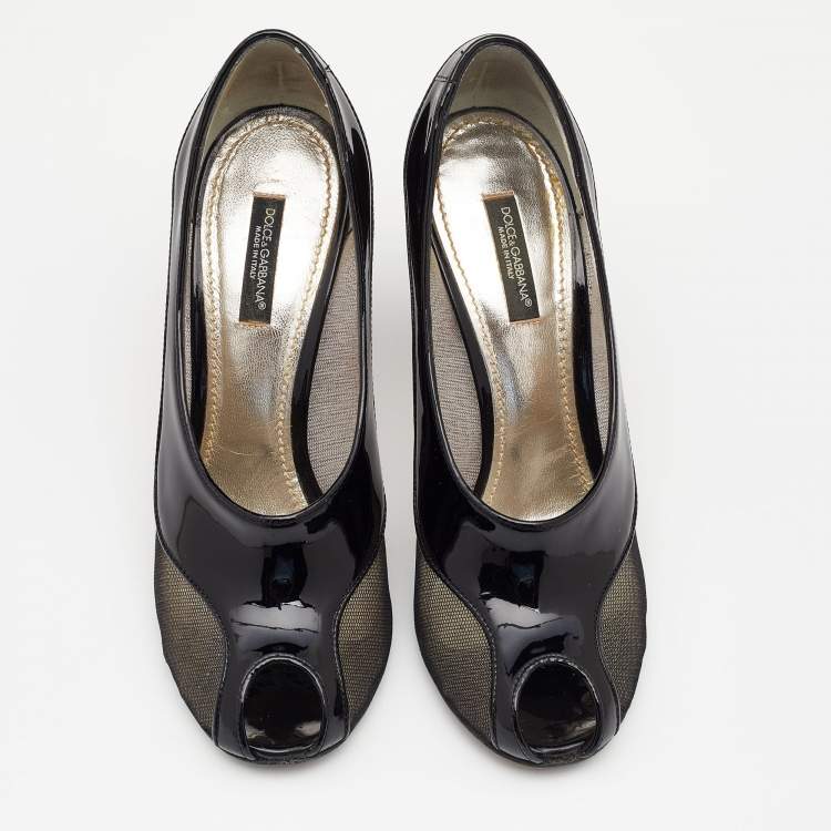 Pre Owned Dolce & Gabbana Black Patent Leather And Mesh Peep Toe Pumps Size 37