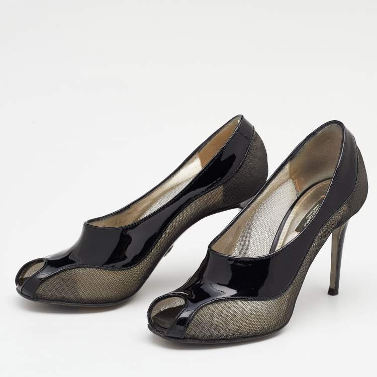 Pre Owned Dolce & Gabbana Black Patent Leather And Mesh Peep Toe Pumps Size 37
