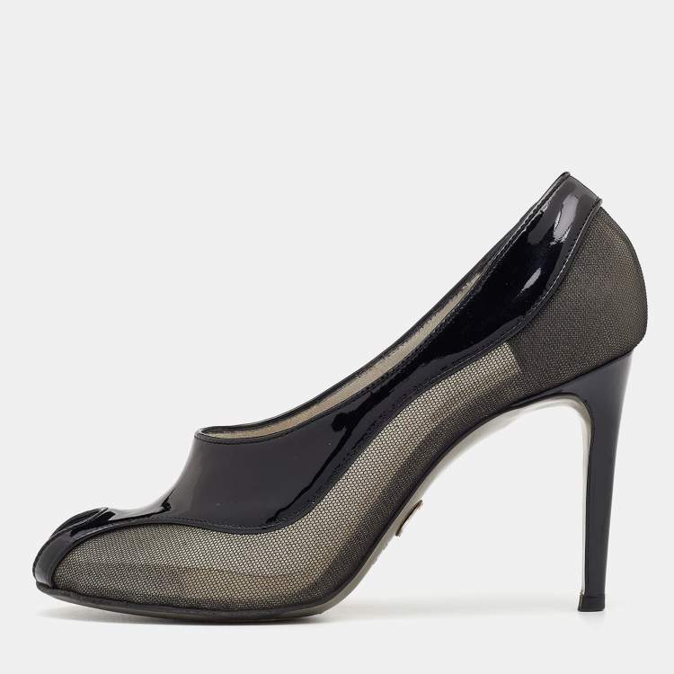 Pre Owned Dolce & Gabbana Black Patent Leather And Mesh Peep Toe Pumps Size 37