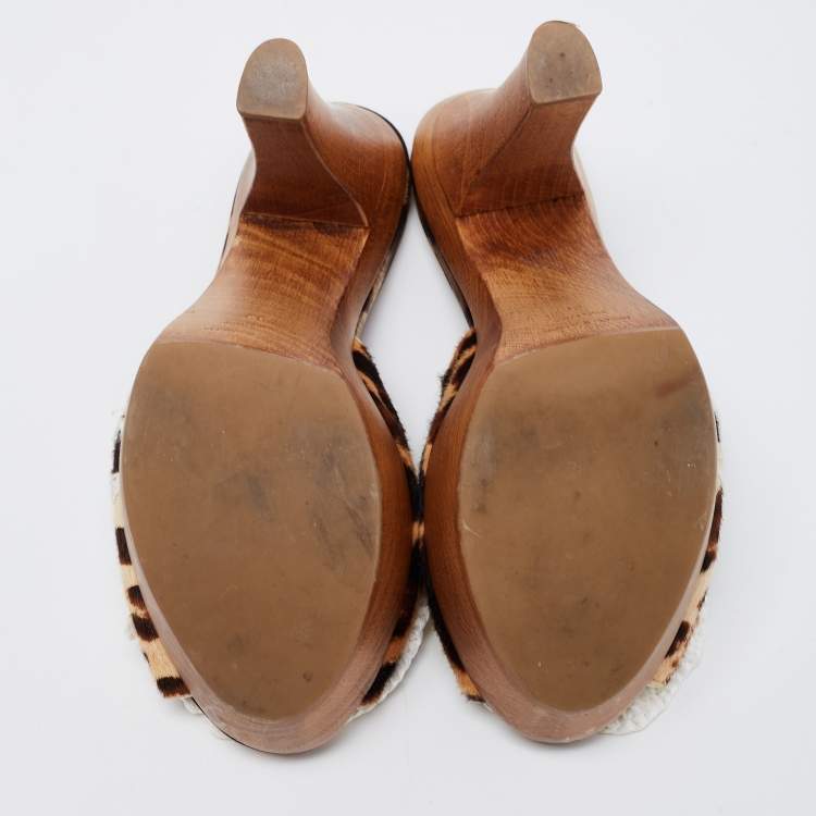 Pre Owned Dolce & Gabbana Brown/White Calf Hair And Flower Detail Platform Sandals Size 38