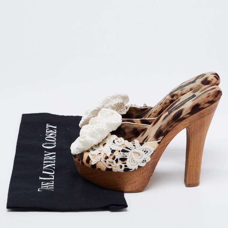 Pre Owned Dolce & Gabbana Brown/White Calf Hair And Flower Detail Platform Sandals Size 38