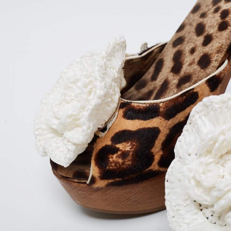 Pre Owned Dolce & Gabbana Brown/White Calf Hair And Flower Detail Platform Sandals Size 38
