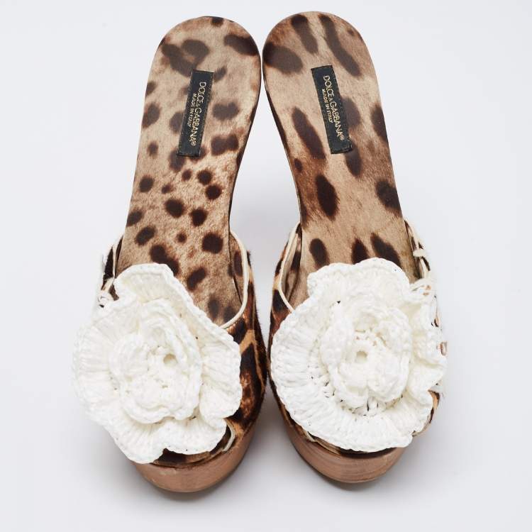 Pre Owned Dolce & Gabbana Brown/White Calf Hair And Flower Detail Platform Sandals Size 38