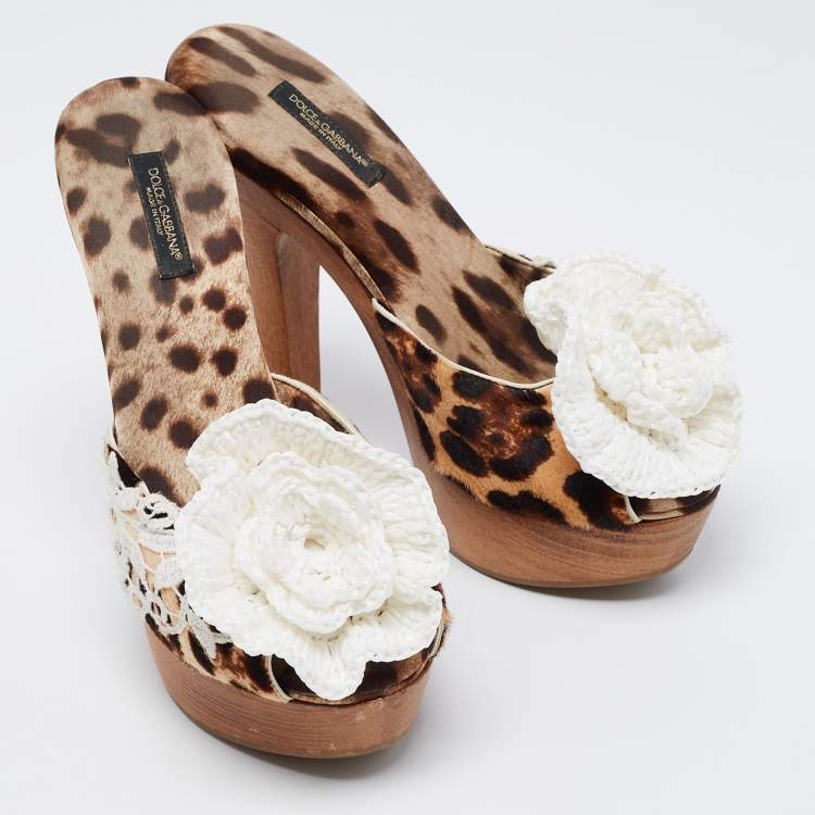 Pre Owned Dolce & Gabbana Brown/White Calf Hair And Flower Detail Platform Sandals Size 38