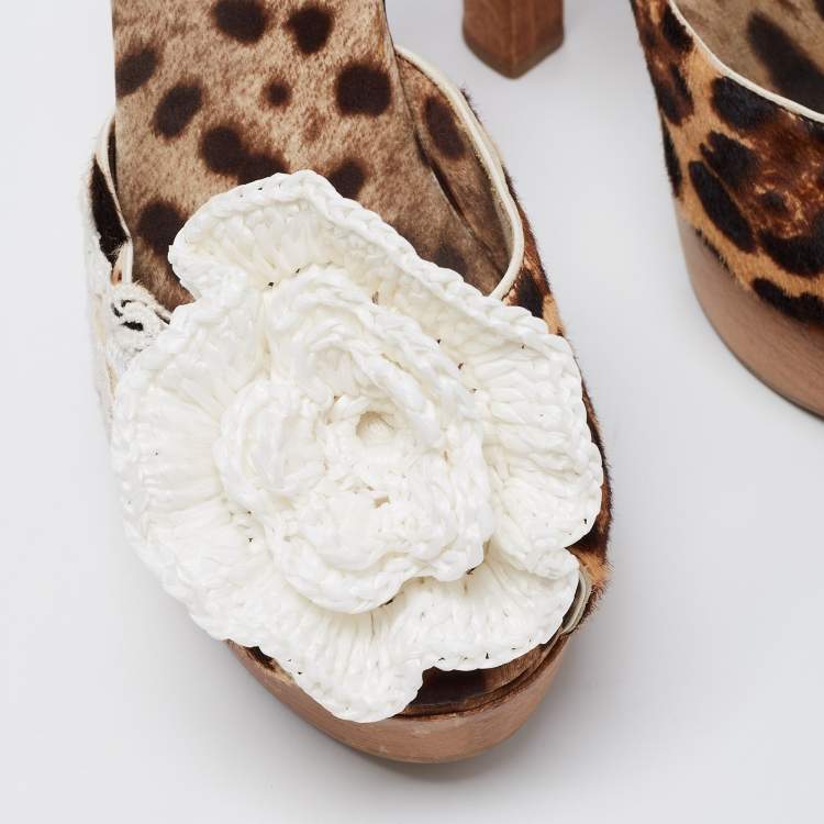 Pre Owned Dolce & Gabbana Brown/White Calf Hair And Flower Detail Platform Sandals Size 38