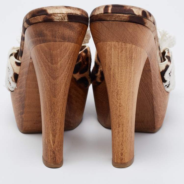 Pre Owned Dolce & Gabbana Brown/White Calf Hair And Flower Detail Platform Sandals Size 38