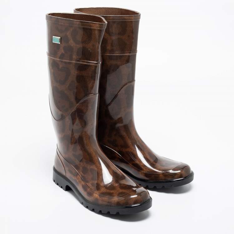 Pre Owned Dolce & Gabbana Brown Leopard Print Wellington Rubber Boots Size 38