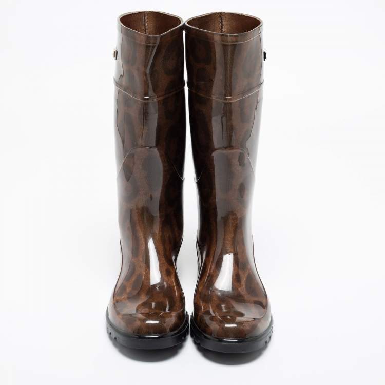 Pre Owned Dolce & Gabbana Brown Leopard Print Wellington Rubber Boots Size 38