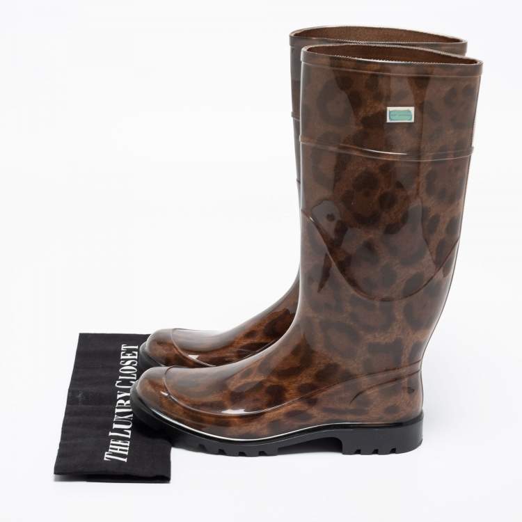 Pre Owned Dolce & Gabbana Brown Leopard Print Wellington Rubber Boots Size 38