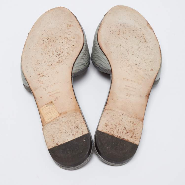 Pre Owned Dolce & Gabbana Grey/Green Lizard Embossed Leather Sofia Flat Slide Sandals Size 39