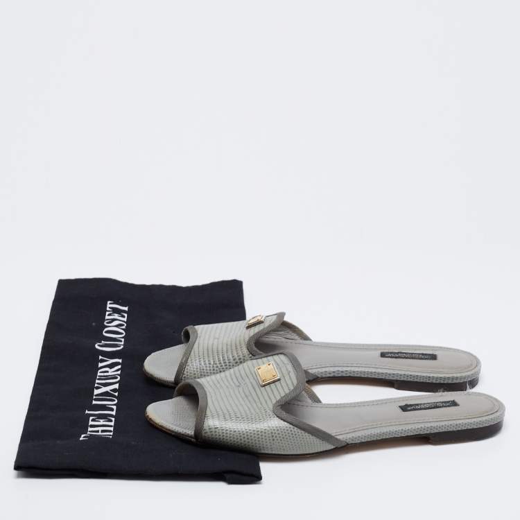 Pre Owned Dolce & Gabbana Grey/Green Lizard Embossed Leather Sofia Flat Slide Sandals Size 39