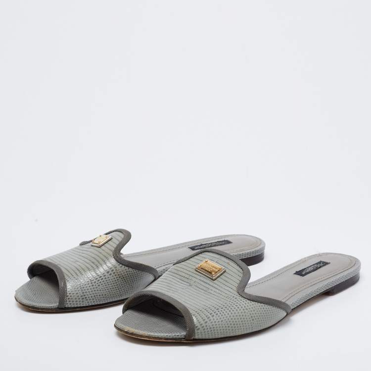 Pre Owned Dolce & Gabbana Grey/Green Lizard Embossed Leather Sofia Flat Slide Sandals Size 39