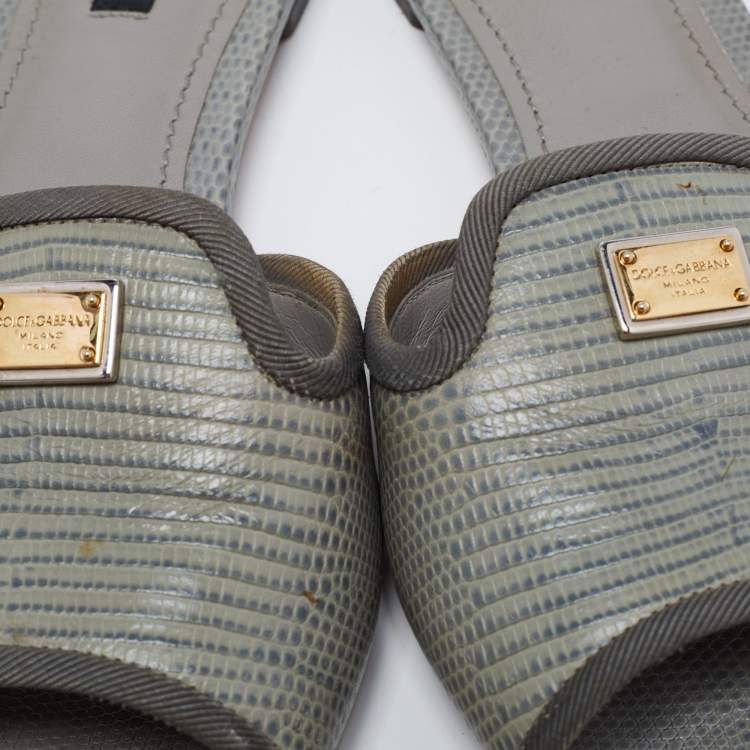 Pre Owned Dolce & Gabbana Grey/Green Lizard Embossed Leather Sofia Flat Slide Sandals Size 39