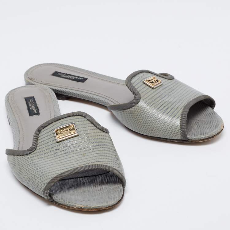 Pre Owned Dolce & Gabbana Grey/Green Lizard Embossed Leather Sofia Flat Slide Sandals Size 39