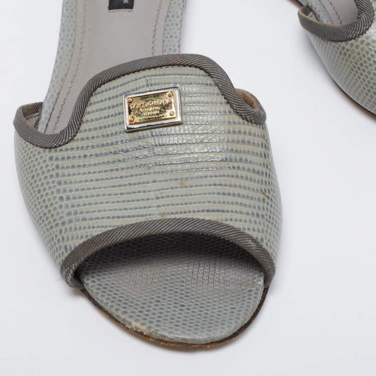 Pre Owned Dolce & Gabbana Grey/Green Lizard Embossed Leather Sofia Flat Slide Sandals Size 39