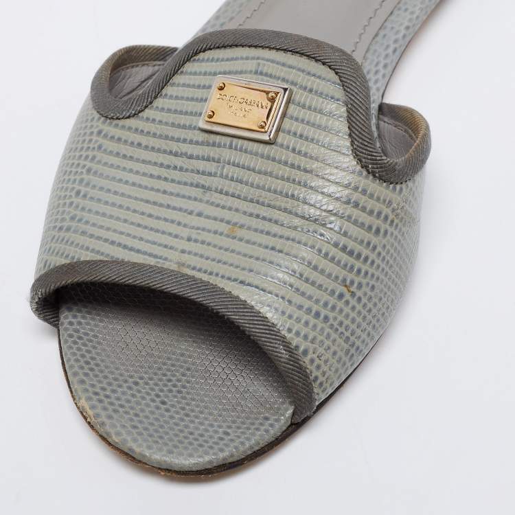 Pre Owned Dolce & Gabbana Grey/Green Lizard Embossed Leather Sofia Flat Slide Sandals Size 39