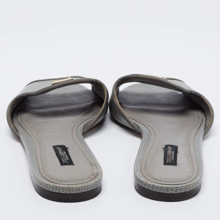 Pre Owned Dolce & Gabbana Grey/Green Lizard Embossed Leather Sofia Flat Slide Sandals Size 39