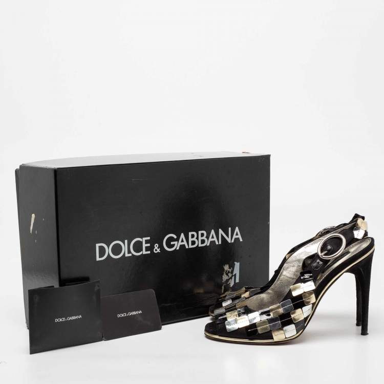 Pre Owned Dolce & Gabbana Black/Golden Ankle Strap Peep Toe Sandals Size 38.5
